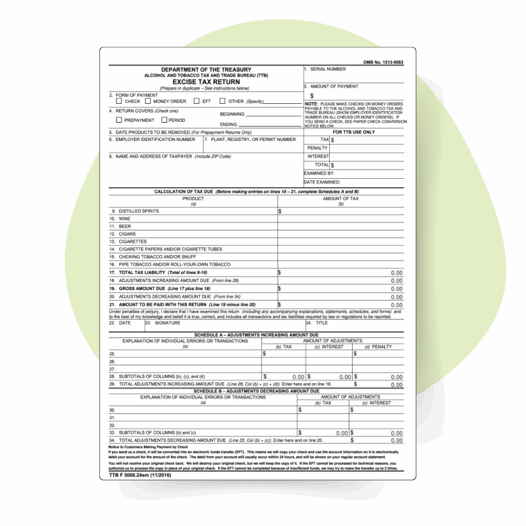 Alcohol and tobacco excise tax return form used to calculate and file federal alcohol excise taxes